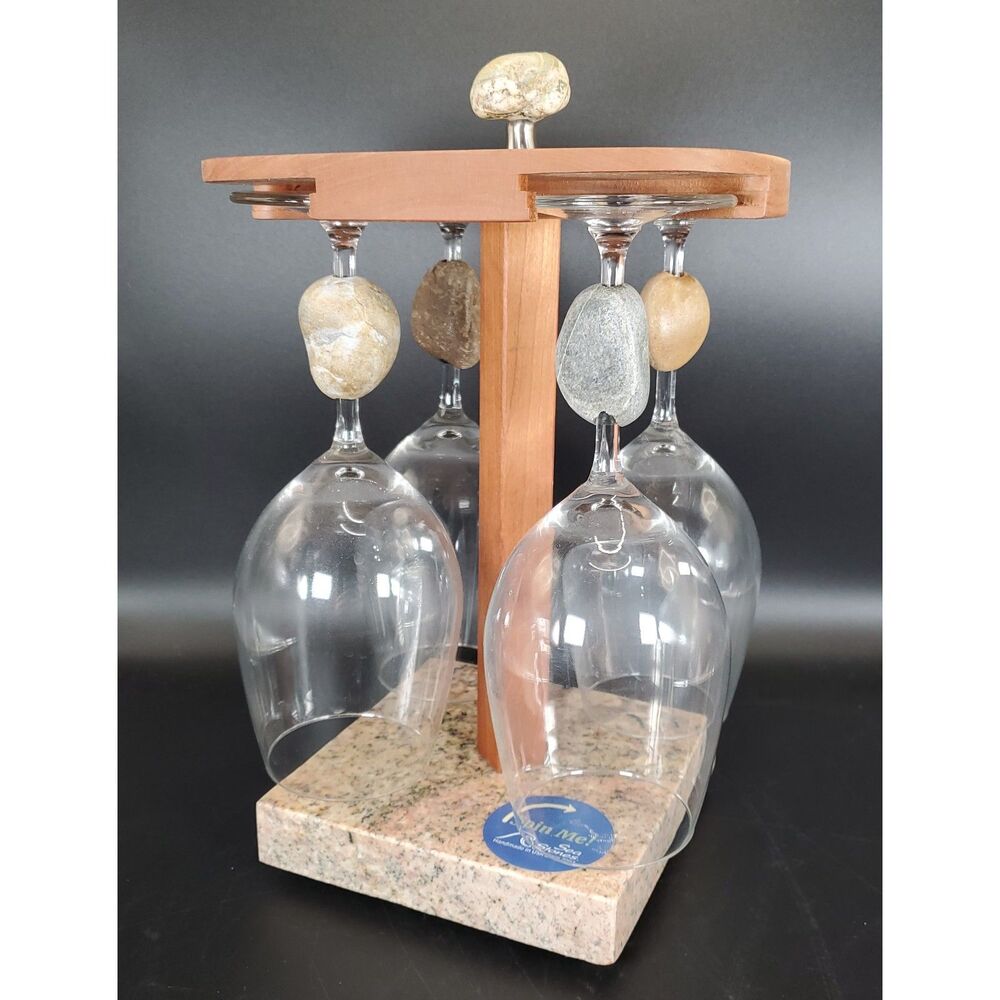Sea Stones Spinning Wine Glass Set w/ Stand Granite Base Artist Signed